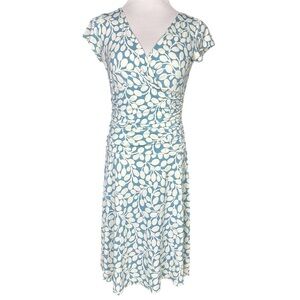 Maggy London Dress Womens Size 8 Blue White Leaf Print Faux Wrap Midi